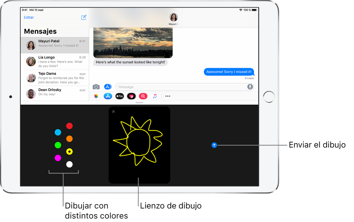 Una ventana de Mensajes con la pantalla Digital Touch en la parte inferior. Las opciones de colores se encuentran a la izquierda; el lienzo de dibujo, en el centro, y el botón Enviar, a la derecha.