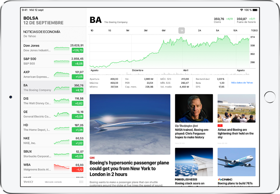 Pantalla de Bolsa en orientación horizontal. La lista de favoritos está en la parte izquierda de la pantalla. A la derecha de la lista de favoritos hay una gráfica interactiva que muestra la fluctuación del precio de un valor específico en el tiempo y otros detalles sobre el valor. Debajo de la gráfica se incluyen artículos de economía sobre ese valor de diversas fuentes.