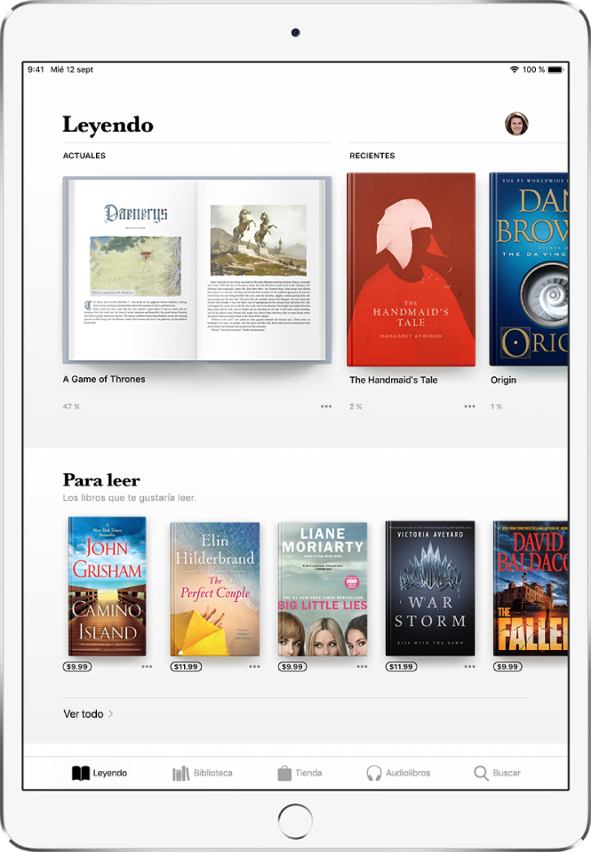 Pantalla de la app Libros. En la parte inferior de la pantalla, de izquierda a derecha, se muestran las pestañas Leyendo, Biblioteca, Tienda, Audiolibros y Buscar. La pestaña Leyendo está seleccionada. En la parte superior de la pantalla se encuentra la sección Leyendo, que muestra los libros que se están leyendo actualmente. Debajo está la sección “Para leer”, que incluye libros que pueden interesarte.