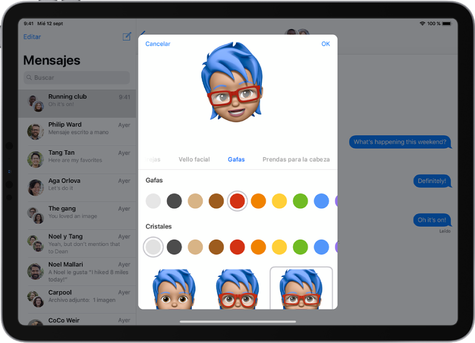 Pantalla para crear un Memoji, con el personaje que se está creando en la parte superior, las características para personalizarlo debajo del personaje y las opciones de la característica seleccionada en la parte inferior. El botón OK está en la parte superior derecha, mientras que en la parte superior izquierda se encuentra el botón Cancelar.