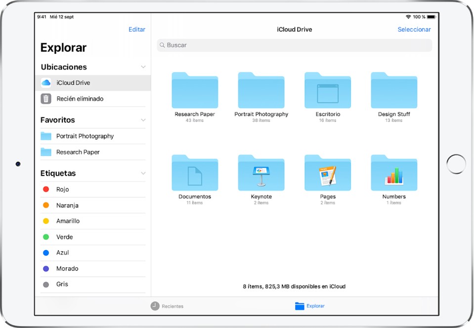App Archivos con la barra lateral de Explorar a la izquierda y carpetas para la ubicación de iCloud Drive a la derecha.