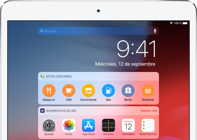 Visualización Hoy con los widgets de “Sugerencias de Siri”, Calendario, “Sitios cercanos”, Música y Recordatorios.