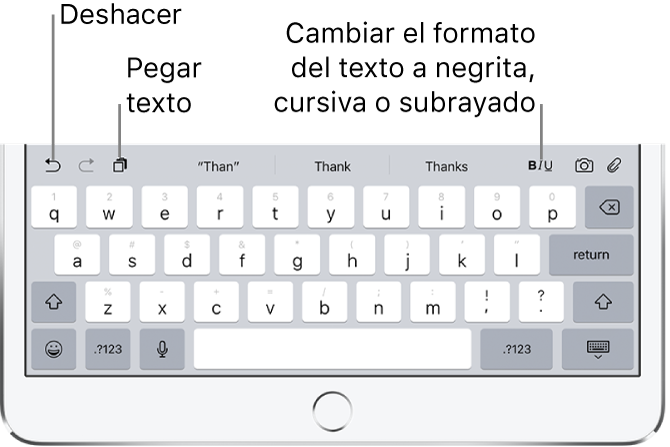Primer plano de la fila superior del teclado con el texto predictivo sobre ella. En ambos lados del texto predictivo se encuentran los iconos de la barra de funciones rápidas.
