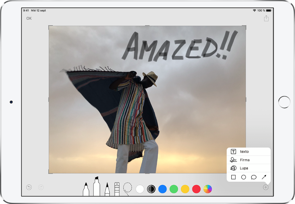 Una foto con anotaciones escritas a mano en gris con el texto “¡Impresionante!”. Las herramientas de dibujo y las selecciones de color aparecen en la parte inferior de la pantalla. En la esquina inferior derecha, hay un menú con opciones para añadir texto, firmas y figuras o para usar la lupa.