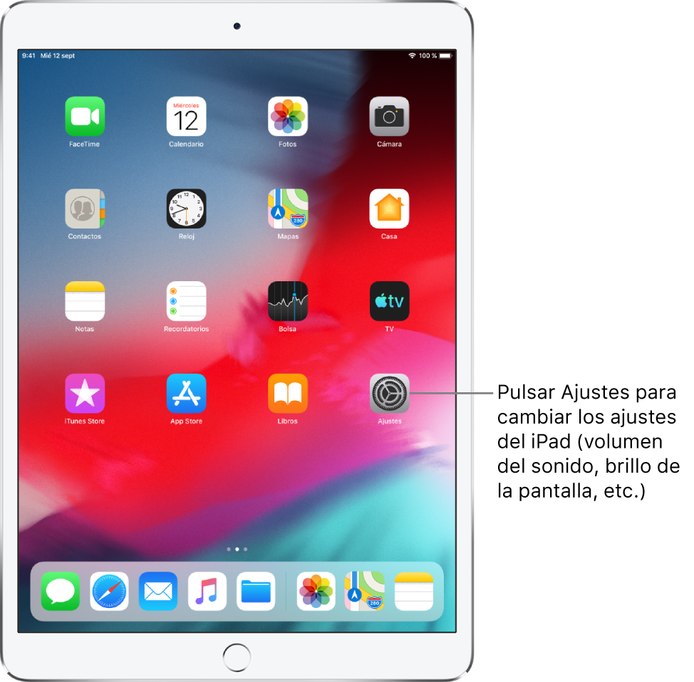 Pantalla de inicio del iPad con varios iconos, entre ellos el icono Ajustes, que puedes pulsar para modificar el volumen o el brillo de la pantalla del iPad, entre otros ajustes.