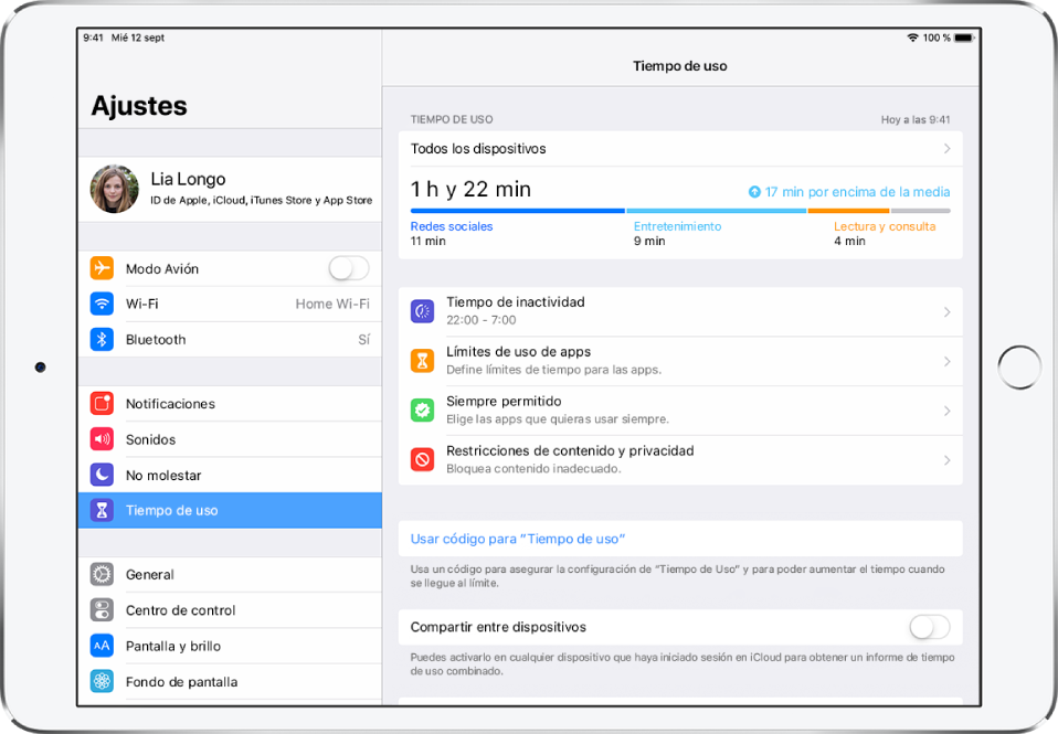 Ajustes de “Tiempo de uso” que se pueden activar: “Tiempo de inactividad”, “Límites de uso de apps”, “Siempre permitido” y “Restricciones de contenido y privacidad”.