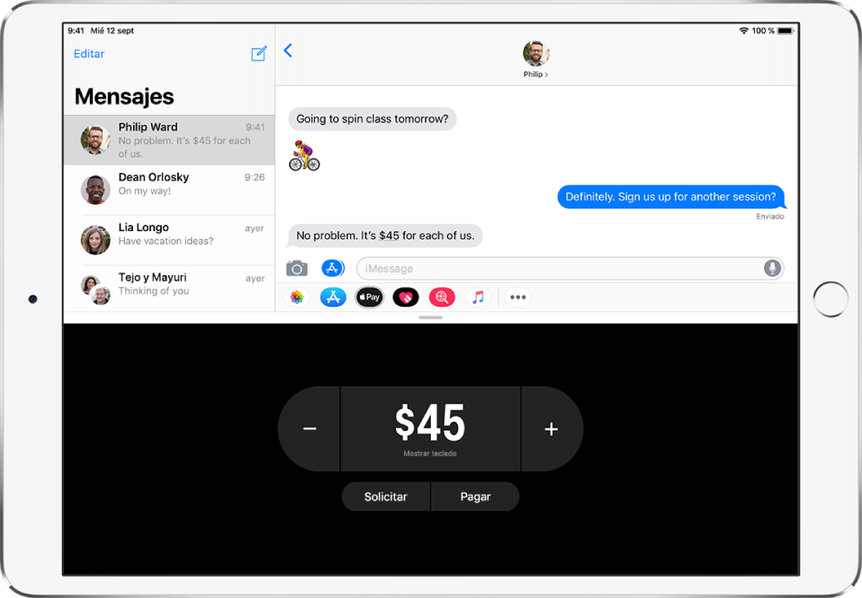 Conversación de iMessage con la app Apple Pay abierta en parte inferior.