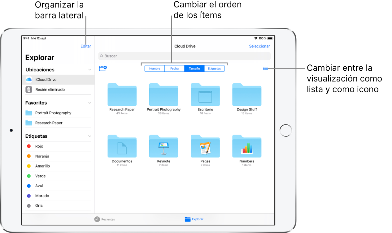 Ubicación de iCloud Drive con botones para reorganizar la barra lateral, ordenar por Nombre, Fecha, Tamaño y Etiquetas, y cambiar entre la visualización como lista y la visualización como iconos.