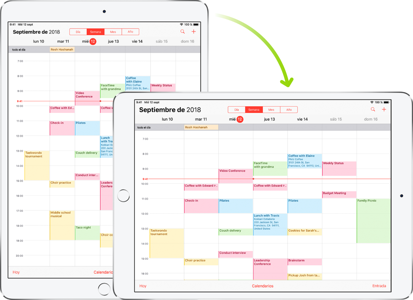 En segundo plano, el iPad muestra una pantalla de Calendario en orientación vertical y, en primer plano, el iPad se ha girado para mostrar la pantalla en horizontal.