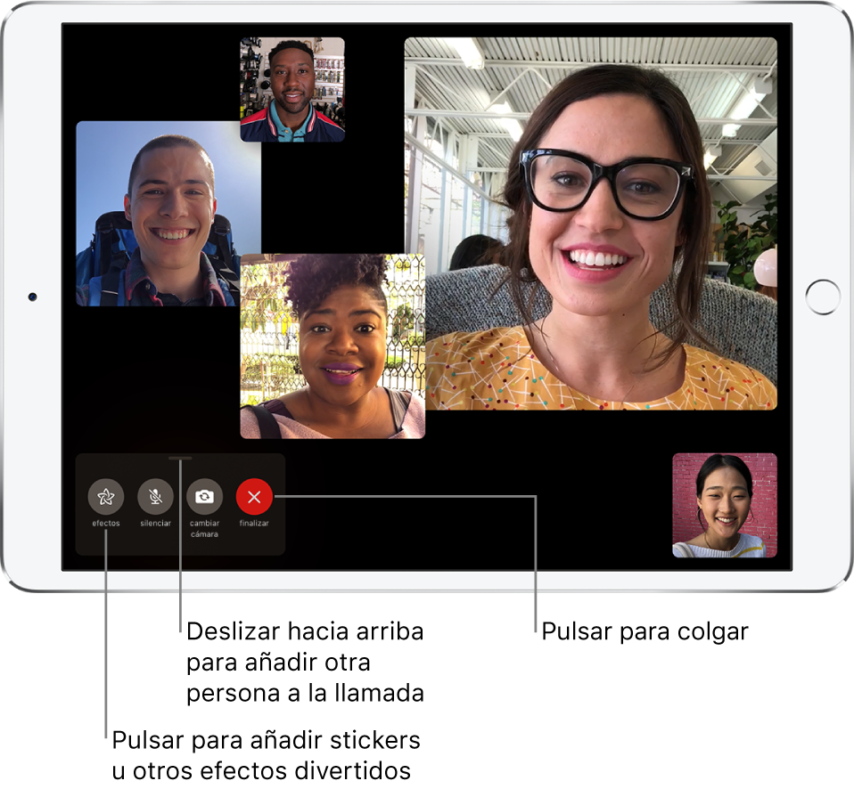 Llamada FaceTime en grupo con cinco participantes, incluido el creador. Cada participante se muestra en un mosaico distinto. Los mosaicos más grandes indican a los participantes más activos.