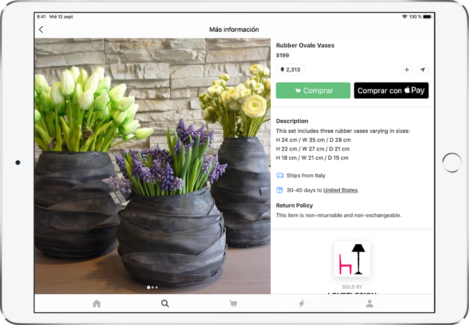 Una app con una página de un producto en la que se muestra el botón “Comprar con Apple Pay”.