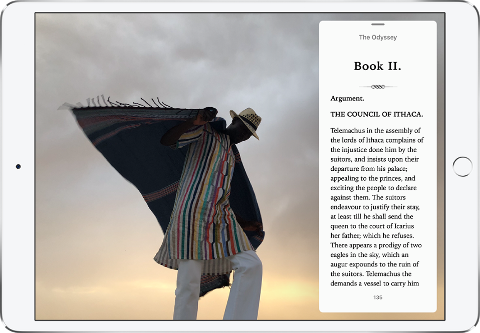 La app Fotos ocupa toda la pantalla. La app Libros está abierta en Slide Over a la derecha.