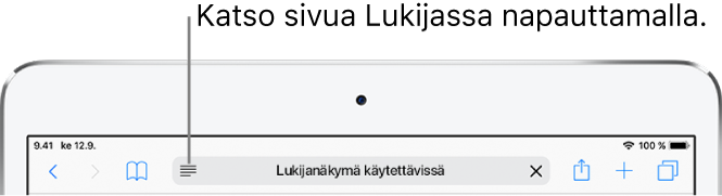 Safarin työkalupalkki, jossa Lukija-painike osoitekentän vasemmalla puolella.