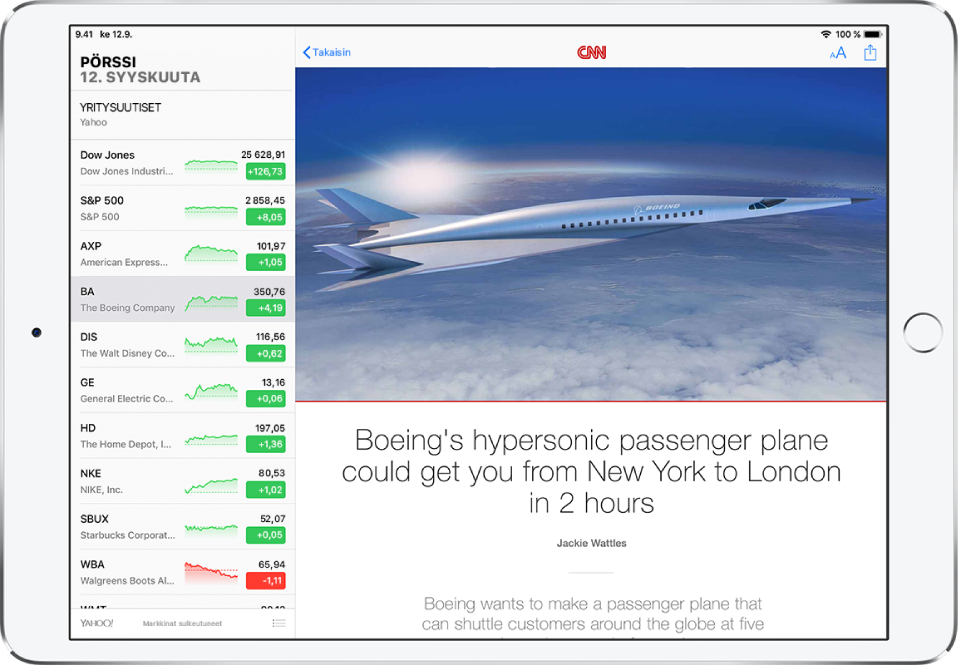 Pörssi-näyttö vaakasuunnassa. Seurantalista on näytön vasemmalla puolella. Seurantalistan oikealla puolella on yritysuutisjuttu. Uutisjutun yläpuolella vasemmalta oikealle lueteltuina ovat Takaisin-, Ulkoasu- ja Jaa-painikkeet.