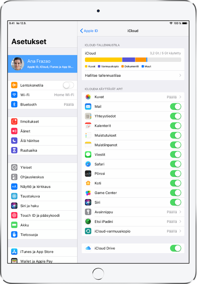 iCloud-asetusnäyttö, jossa näkyy iCloud-tallennustilan mittari, sekä luettelo apeista ja ominaisuuksista, kuten Mail, Yhteystiedot ja Viestit, joita voidaan käyttää iCloudin kanssa.