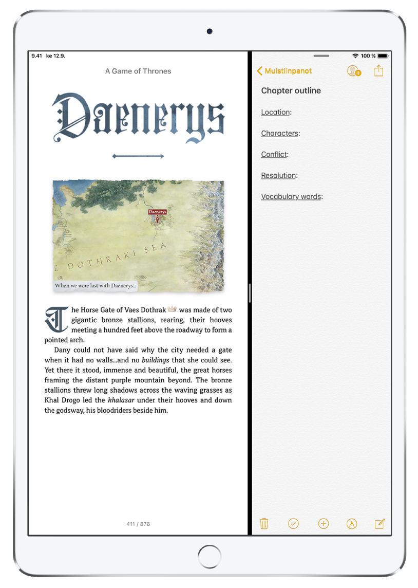 iPadin näyttö, jossa näkyy Split View -ominaisuus. Näytön vasemmassa reunassa on avattuna Kirjat-appi ja näytön oikeassa reunassa on avattuna Muistiinpanot-appi.