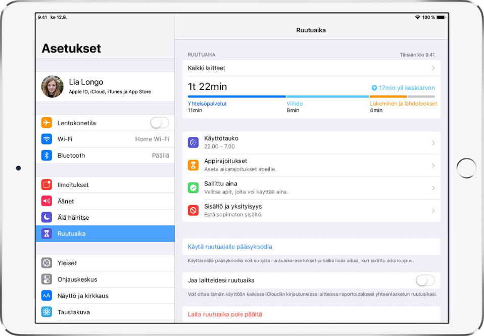Ruutuaika-näkymä, jolla näkyvät laitteen käyttöraportti ja tiettyjen appien käytön rajoitukset.