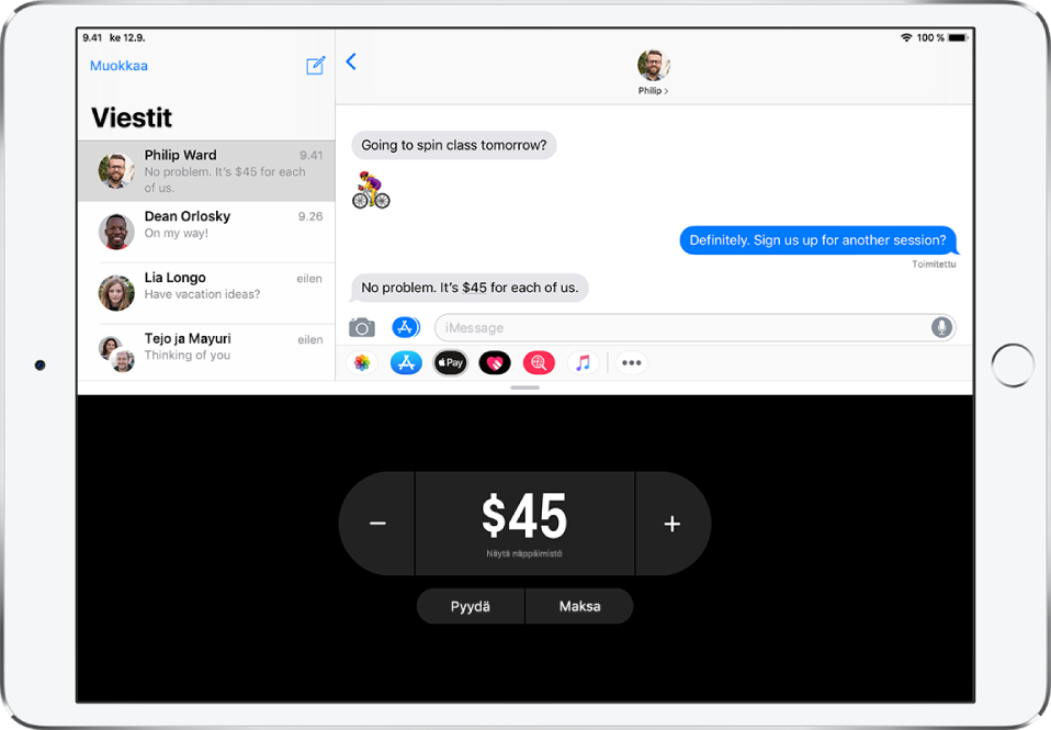 iMessage-keskustelu, jonka alaosassa on avoin Apple Pay -appi.