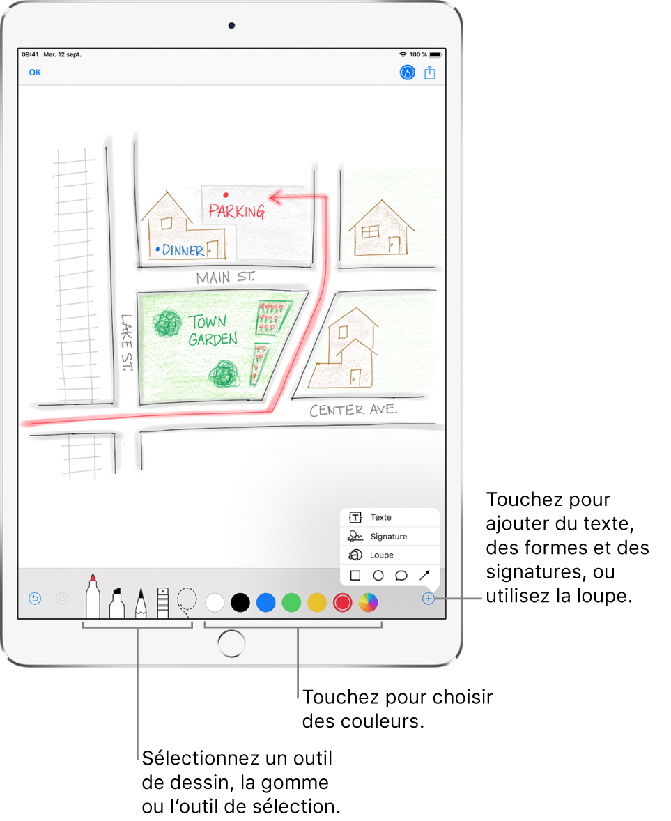 Une image dans une fenêtre d’annotation. Sous l’image, de gauche à droite, se trouvent les boutons permettant d’utiliser les outils d’annotation : des stylos pour dessiner, une gomme, un outil de sélection, des couleurs et des boutons permettant d’ajouter une zone de texte, votre signature et des formes, puis un autre pour sélectionner la loupe.