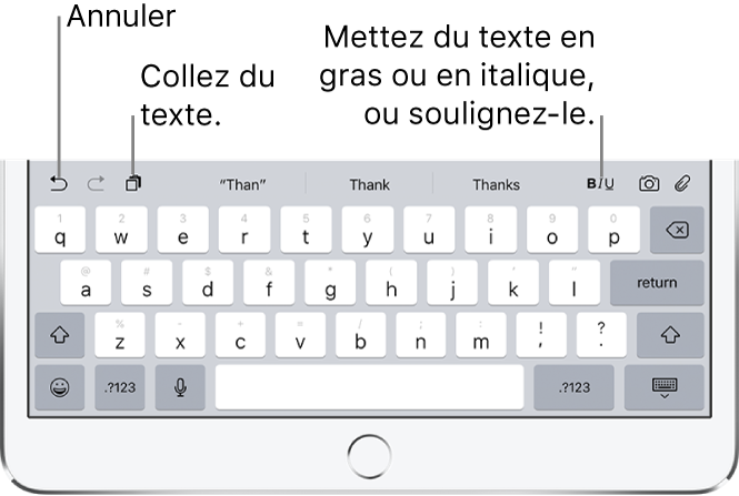 Gros plan du rang supérieur du clavier avec des suggestions proposées au-dessus. De chaque côté des suggestions se trouvent les icônes de la barre de raccourcis.