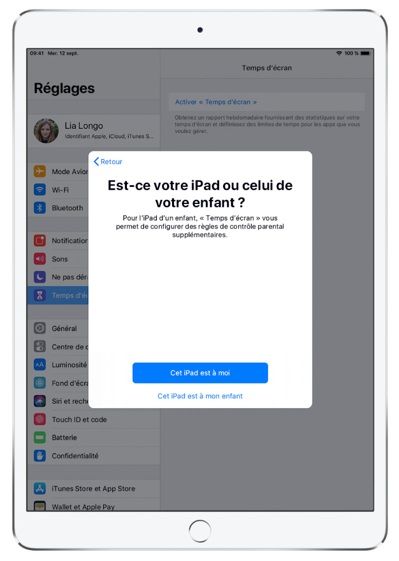 Un écran de configuration de « Temps d’écran » montrant l’option pour sélectionner « Cet iPad est à moi » ou « Cet iPad est à mon enfant ».