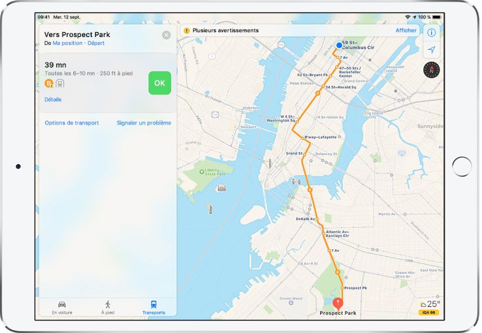 Un plan du réseau de New York indiquant une ligne de transport entre Columbus Circle et Prospect Park. Une fiche d’itinéraire à gauche de l’écran indique qu’un métro va bientôt partir et que les métros partent toutes les minutes. La station se trouve à 76 m à pied depuis la position actuelle.
