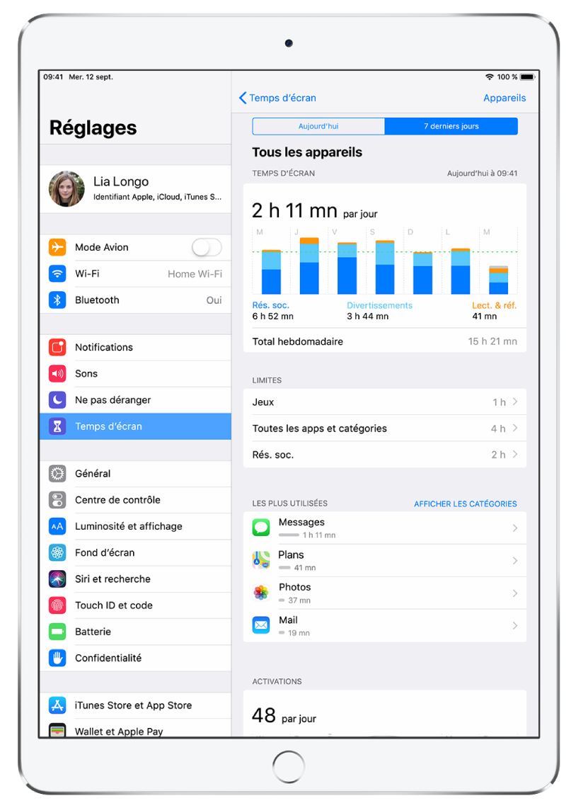 « Temps d’écran » est sélectionné dans Réglages. Sur le côté droit de l’écran se trouve un rapport d’activité de « Temps d’écran ». Le haut du rapport présente l’option permettant de sélectionner Aujourd’hui et « 7 derniers jours » ; l’option « 7 derniers jours » est sélectionnée. En haut du rapport se trouve un graphique qui indique le temps passé à utiliser des apps de jeux, de divertissement et de réseaux sociaux pour chaque jour de la semaine. Sous ce graphique apparaît la section Limites, qui permet de définir des limites de temps pour les jeux, les apps et les réseaux sociaux. Les apps les plus utilisées sont répertoriées sous cette section. Au bas du rapport est indiqué le nombre de fois que l’appareil a été activé.