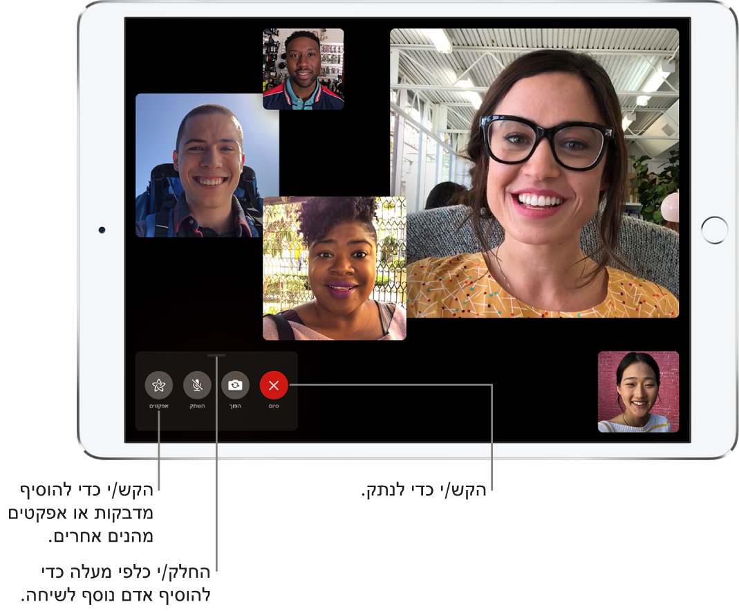 שיחת FaceTime קבוצתית של חמישה משתתפים, כולל המארגן. כל משתתף מופיע באריח נפרד, כשהאריחים הגדולים יותר מציינים כי המשתתף פעיל יותר.