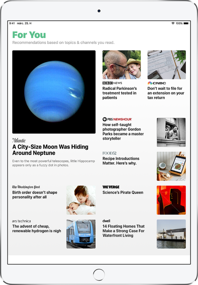 A Today képernyő, amelyen cikkek láthatók a For You csoportban. Az egyes cikkeknél megjelennek a címsorok és a cikkeket kísérő képek.