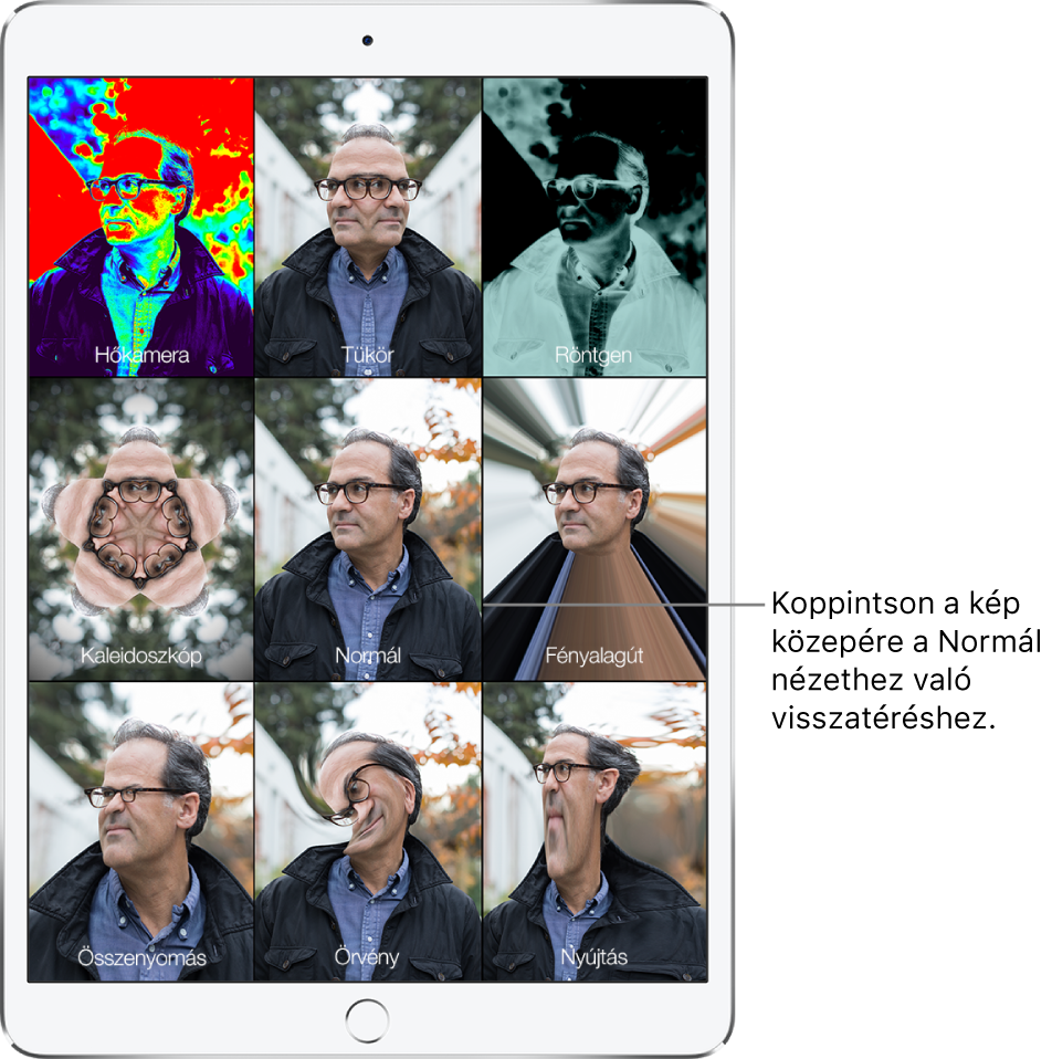 A Photo Booth képernyője, amelyen egy férfi arca látható kilenc különböző nézetből, mindegyik mozaikon egy-egy eltérő effektussal. A felső sorban (balról jobbra haladva) a következő effektek láthatók: Hőkamera, Tükör és Röntgen. A középső sorban (balról jobbra haladva) a következő effektek jelennek meg: Kaleidoszkóp, Normál és Fényalagút. Az alsó sor (balról jobbra haladva) a következő effekteket jeleníti meg: Összenyomás, Örvény és Nyújtás.