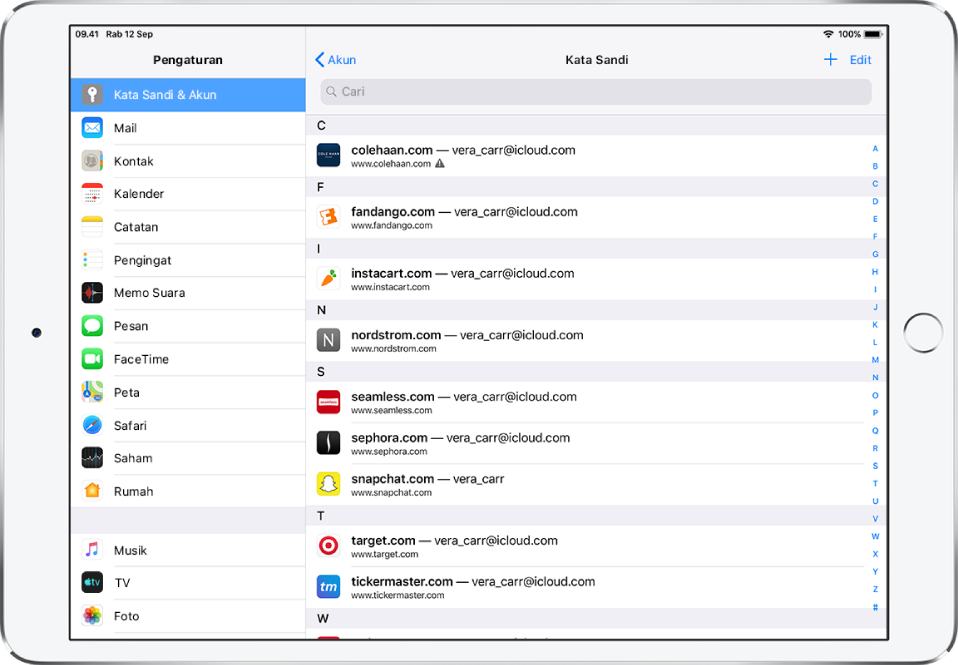 Layar Pengaturan untuk Kata Sandi & Akun menampilkan daftar alfabetis situs web dan nama akunnya. Situs web pertama yang tercantum memiliki tanda peringatan kata sandi digunakan ulang di samping URL-nya.