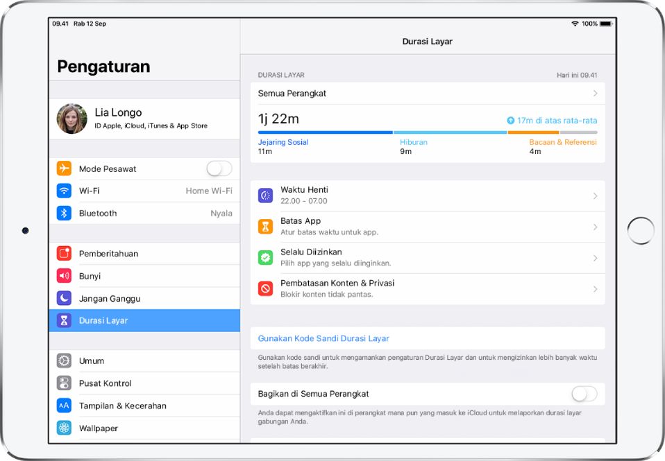 Pengaturan Durasi Layar yang dapat Anda nyalakan—Waktu Henti, Batas App, Selalu Diizinkan, dan Pembatasan Konten & Privasi.