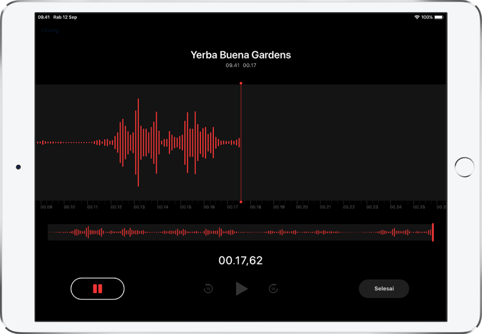 Layar Memo Suara menampilkan perekaman yang sedang berlangsung.