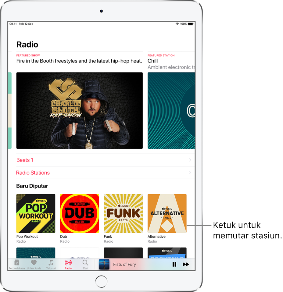 Layar Radio menampilkan stasiun radio di bagian atas layar, tautan Beats 1 dan Stasiun Radio di bagian tengah, serta bagian Stasiun Unggulan di bagian bawah.