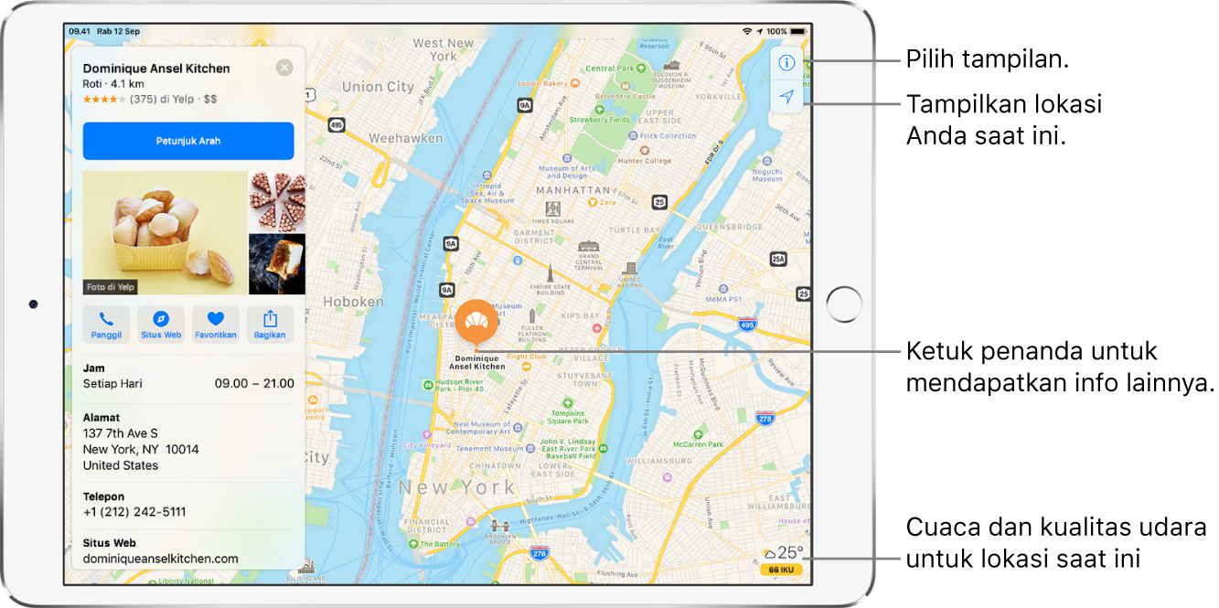 Peta jalan Manhattan. Tombol untuk memilih tampilan dan menampilkan lokasi Anda saat ini berada di pojok kanan atas. Cuaca dan kualitas udara saat ini ditampilkan di pojok kanan bawah. Kartu di sisi kiri berisi informasi untuk toko roti, dan tombol Petunjuk Arah.