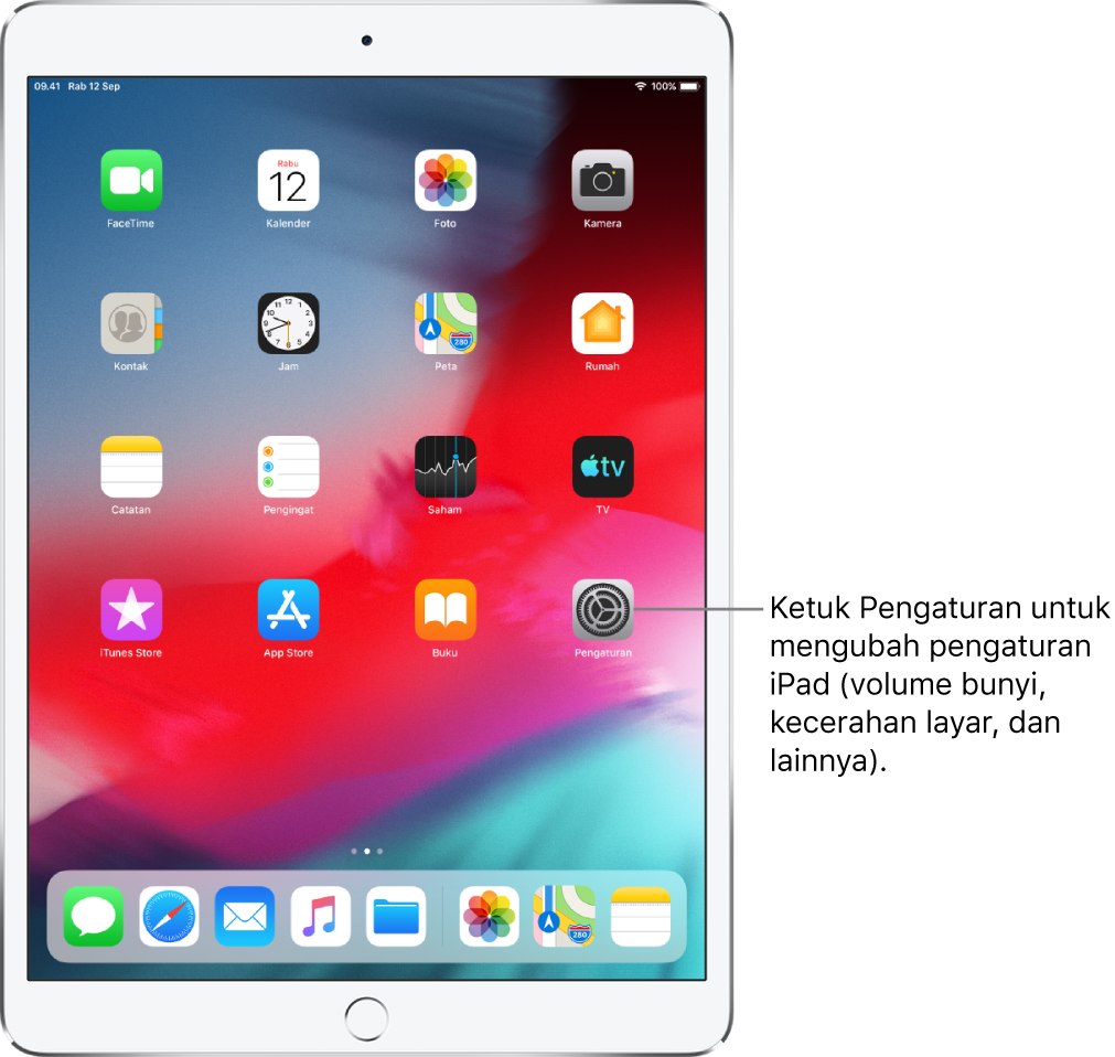 Layar Utama iPad dengan beberapa ikon, meliputi ikon Pengaturan, yang dapat Anda ketuk untuk mengubah volume bunyi, kecerahan layar iPad Anda, dan lainnya.