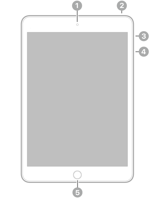 Tampilan depan iPad mini dengan keterangan untuk kamera depan di tengah atas, tombol atas di kanan atas, pengalih Hening/kunci rotasi Layar dan tombol volume di sebelah kanan, serta tombol Utama/Touch ID di tengah bawah.