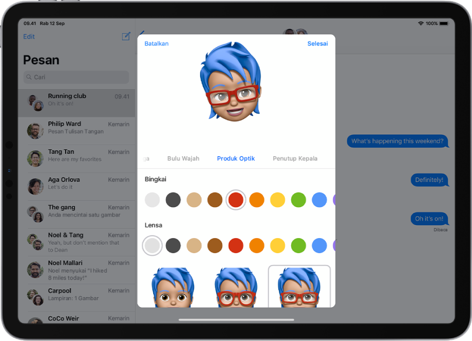 Layar untuk membuat Memoji, menampilkan karakter yang sedang dibuat di bagian atas, fitur untuk menyesuaikan di bawah karakter, lalu di bawahnya, pilihan untuk fitur yang dipilih. Tombol Selesai terdapat di kanan atas dan tombol Batalkan terdapat di kiri atas.