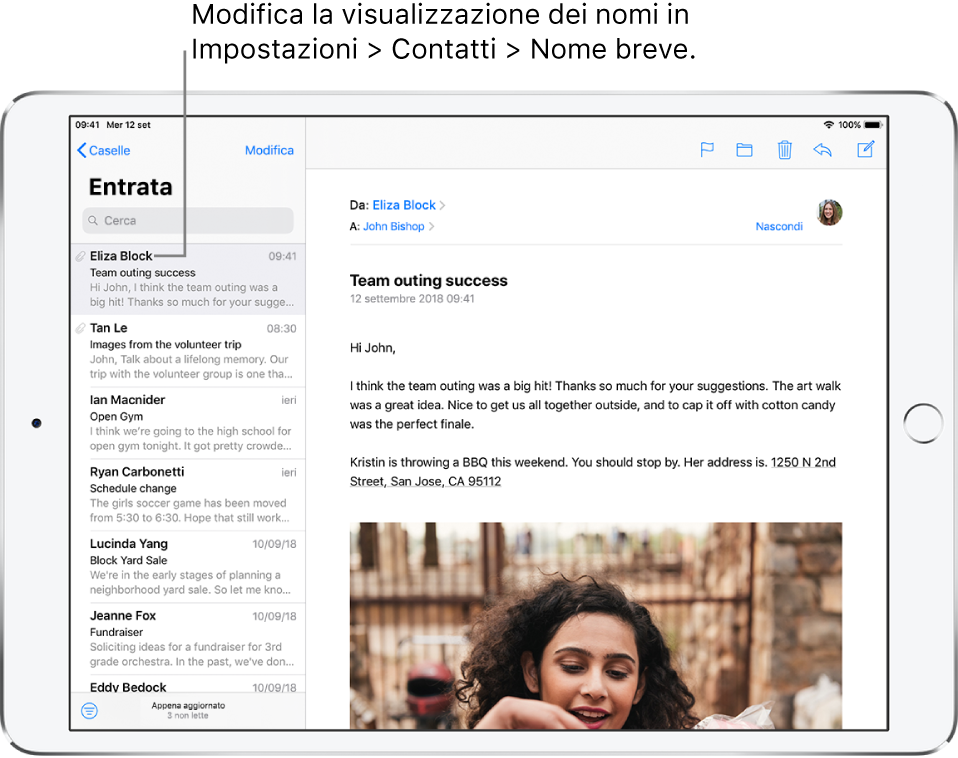 L'anteprima di un'e-mail in Entrata che mostra il nome del mittente, il giorno di invio, l'oggetto e le prime due righe dell'e-mail.