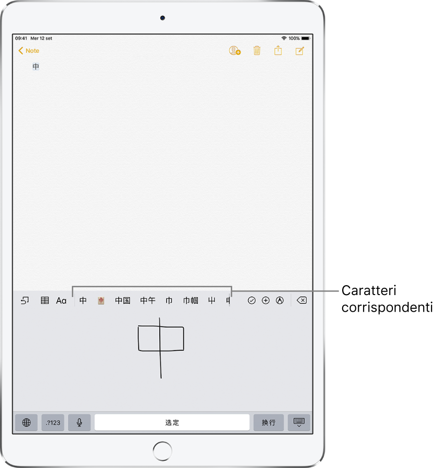 L'app Note con il touchpad visualizzato nella metà inferiore dello schermo. Il touchpad mostra un carattere cinese scritto a mano. I caratteri suggeriti sono subito sopra, e il carattere scelto viene visualizzato in alto.