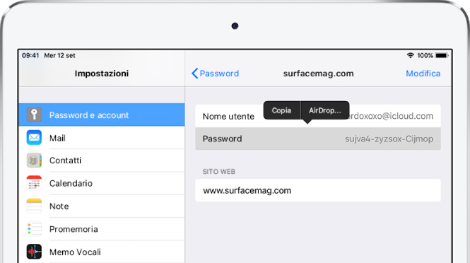 La schermata “Password e account” di un sito web. La sezione password è selezionata e sopra di essa viene visualizzato un menu che contiene gli elementi Copia e AirDrop.