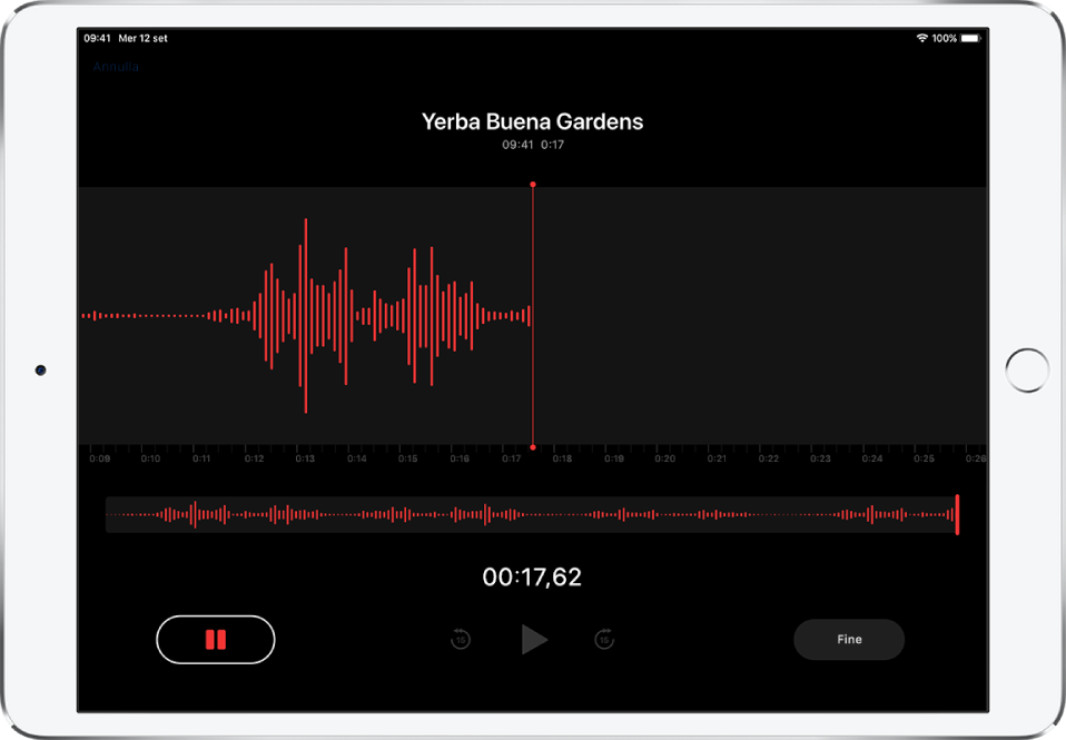 Una schermata di Memo Vocali che mostra una registrazione in corso.
