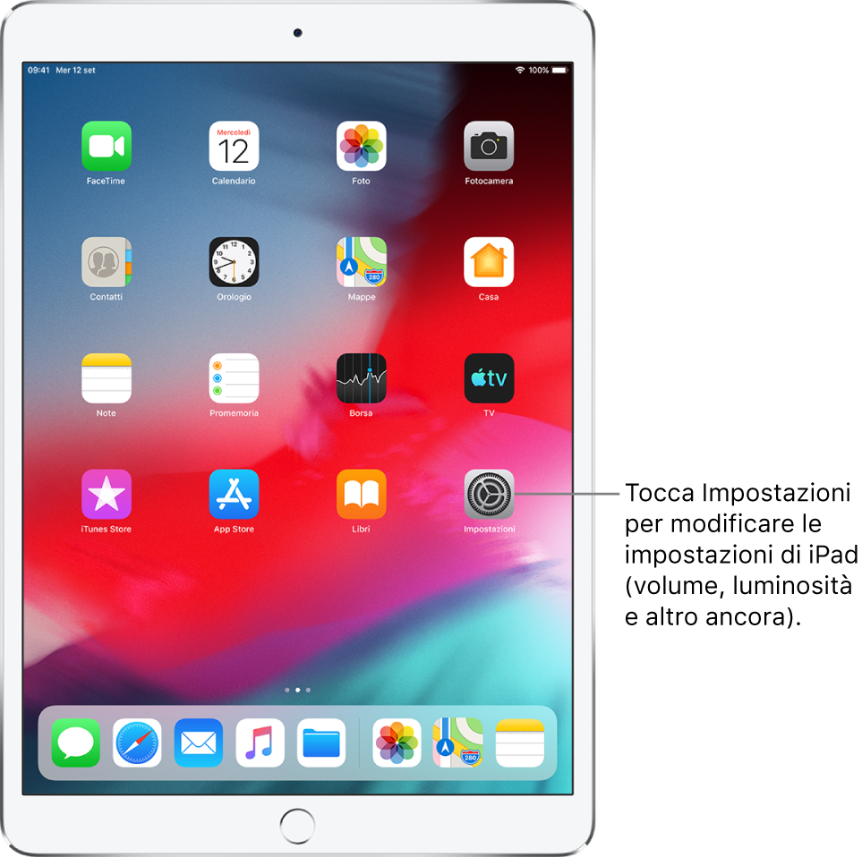 La schermata Home di iPad con varie icone, compresa quella di Impostazioni, che puoi toccare per modificare il volume, la luminosità e altro ancora su iPad.
