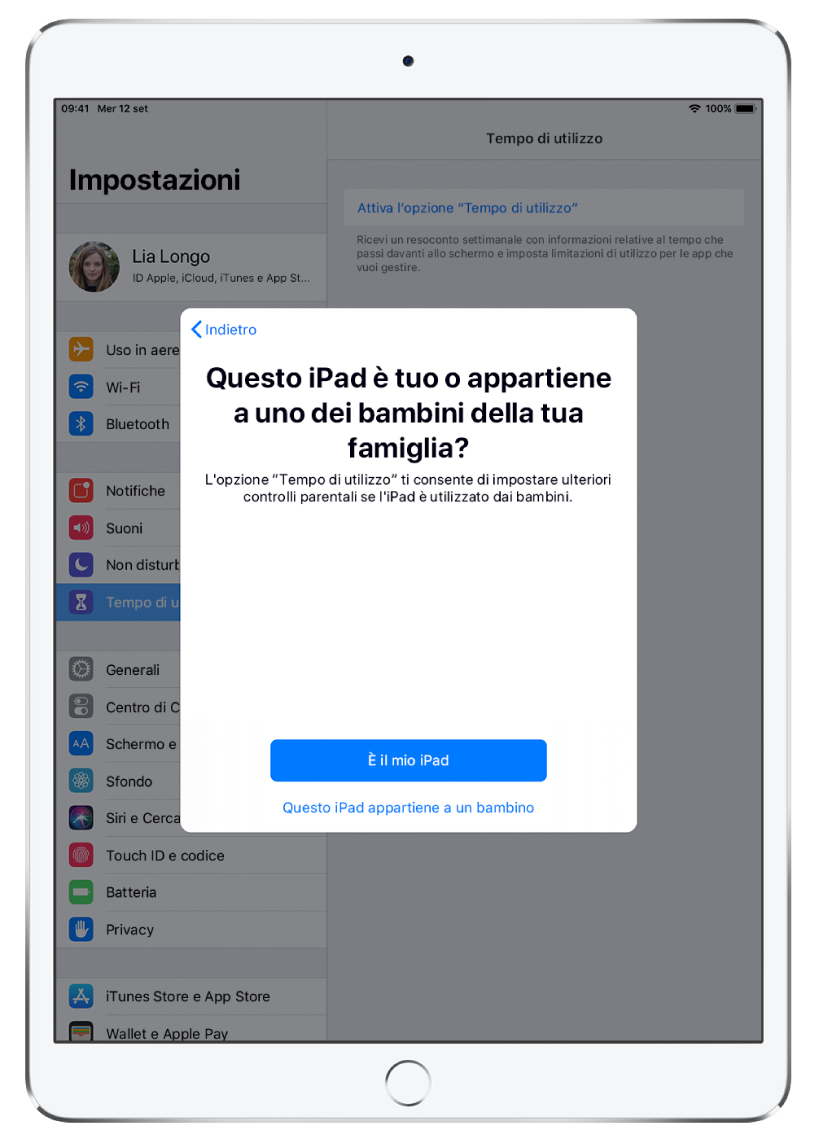 Una schermata di impostazioni di “Tempo di utilizzo” che mostra l'opzione per selezionare “È il mio iPad” o “Questo iPad appartiene a un bambino”.