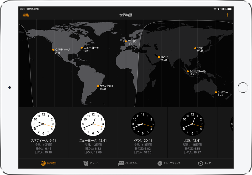 「世界時計」タブ。さまざまな都市の時刻が表示されています。時計を並べ替えるときは、左上の「編集」をタップします。時計を追加するときは、右上の追加ボタンをタップします。下部には、「アラーム」、「ベッドタイム」、「ストップウォッチ」、「タイマー」の各ボタンがあります。