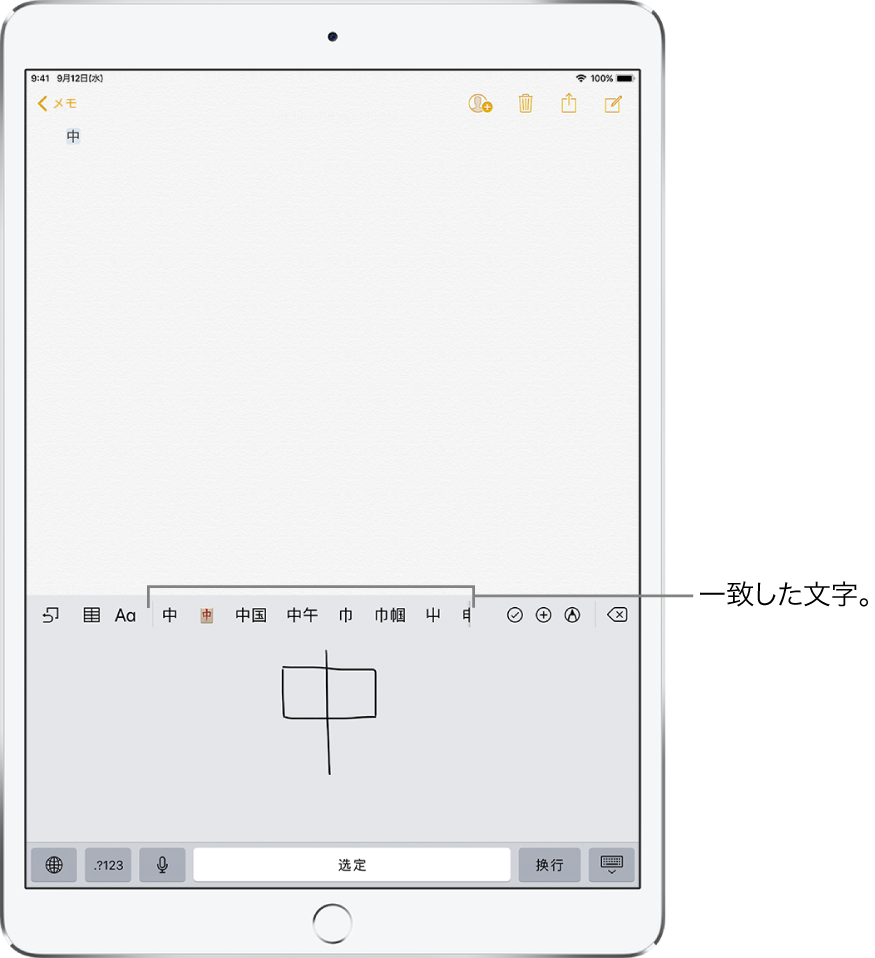 「メモ」App。画面の下半分にタッチパッドが開かれています。タッチパッドには手書きの漢字が表示されています。候補の文字がすぐ上に表示され、選択した文字が上部に表示されます。