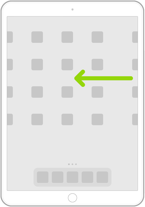 다른 홈 화면 페이지에서 앱을 탐색하기 위해 쓸어 넘기는 동작을 나타내는 그림.
