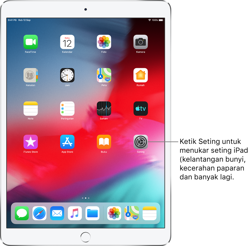Skrin Utama iPad dengan beberapa ikon, termasuk ikon Seting, yang anda boleh ketik untuk menukar kelantangan bunyi, kecerahan skrin iPad anda dan banyak lagi.