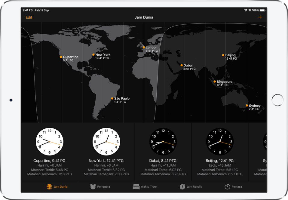 Tab Jam Dunia, menunjukkan waktu di pelbagai bandar. Ketik Edit di bahagian kiri atas untuk menyusun jam. Ketik butang Tambah di bahagian kanan atas untuk menambah lebih lagi. Butang Penggera, Waktu Tidur, Jam Randik dan Pemasa ada di sepanjang bahagian bawah.