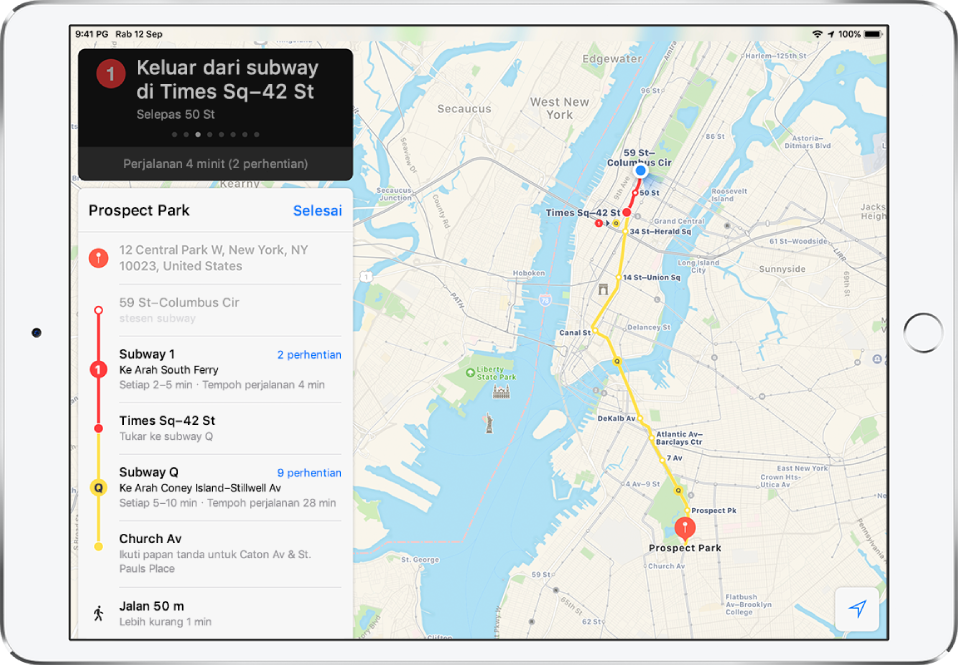 Peta transit Bandar New York menunjukkan laluan keretapi ke Prospect Park. Kad laluan di bahagian kiri menunjukkan arah hentian demi hentian, termasuk pertukaran keretapi dan jalan kaki sejauh 50 kaki.